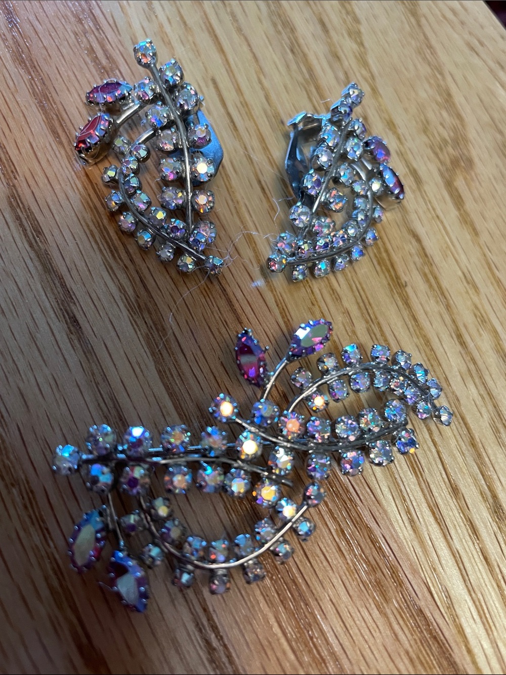 Vintage Aurora Birealis Crystal Leaf Brooch and Earrings Set